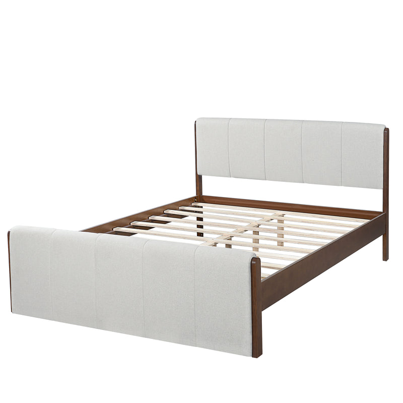 Queen Size Upholstered Bed Frame, Walnut Wood Trim with Grey Fabric, Pine Wood with MDF, 500 LBS Capacity, Fits 8'-10' Mattress, No Box Spring Needed