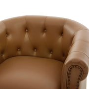 Brown 360° Swivel Accent Chair with PU Leather Upholstery and Bent Wood Base, Curved Back Club Chair for Living Room and Bedroom