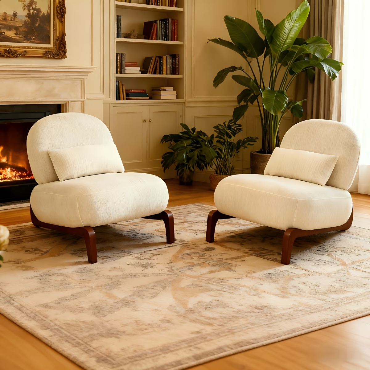 Cute Accent Chair with Solid Wood Legs, Living Room Chair with Soft Fabric Cushion, Cozy Bedroom Chair, Comfy Armless Reading Chair for Apartment, Waiting Room, Balcony,Set of 2 (White)