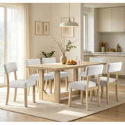 7-Piece Dining Table Set for 6, 57 Inch Light Oak Rectangular Table with 6 Ergonomic Linen Upholstered Chairs, Sturdy U-Shaped Base Modern Japandi Farmhouse Furniture for Dining Room & Apartment
