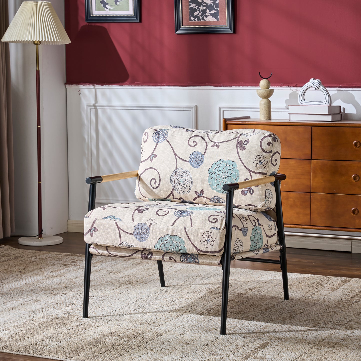 27.56' Modern Accent Chair with Plush Cushions, Minimalist Metal Frame, and Wooden Armrest Design – Perfect for Cozy Living Room, Bedroom, or Office Seating