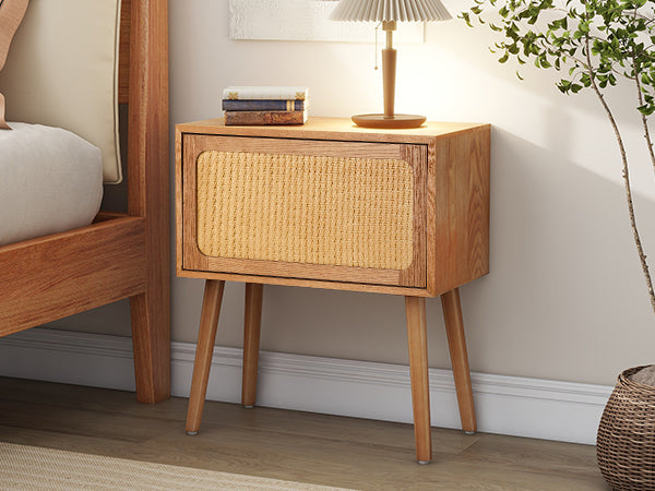 Rotating Hidden Compartment Nightstands, Mid Century Modern Concealment Furniture, Rattan Bed Side Table, Compartment End Table with Wood Legs, Bedside Tables for Bedroom, Living Room, Dorm, Natural