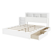 Queen Size Bed with Drawers, Wood Queen Bed with Storage Headboard and Pull Out Storage Cabinet, Wood Bed with Light and Socket, White(Expect Arrival Date 2026/7/30)
