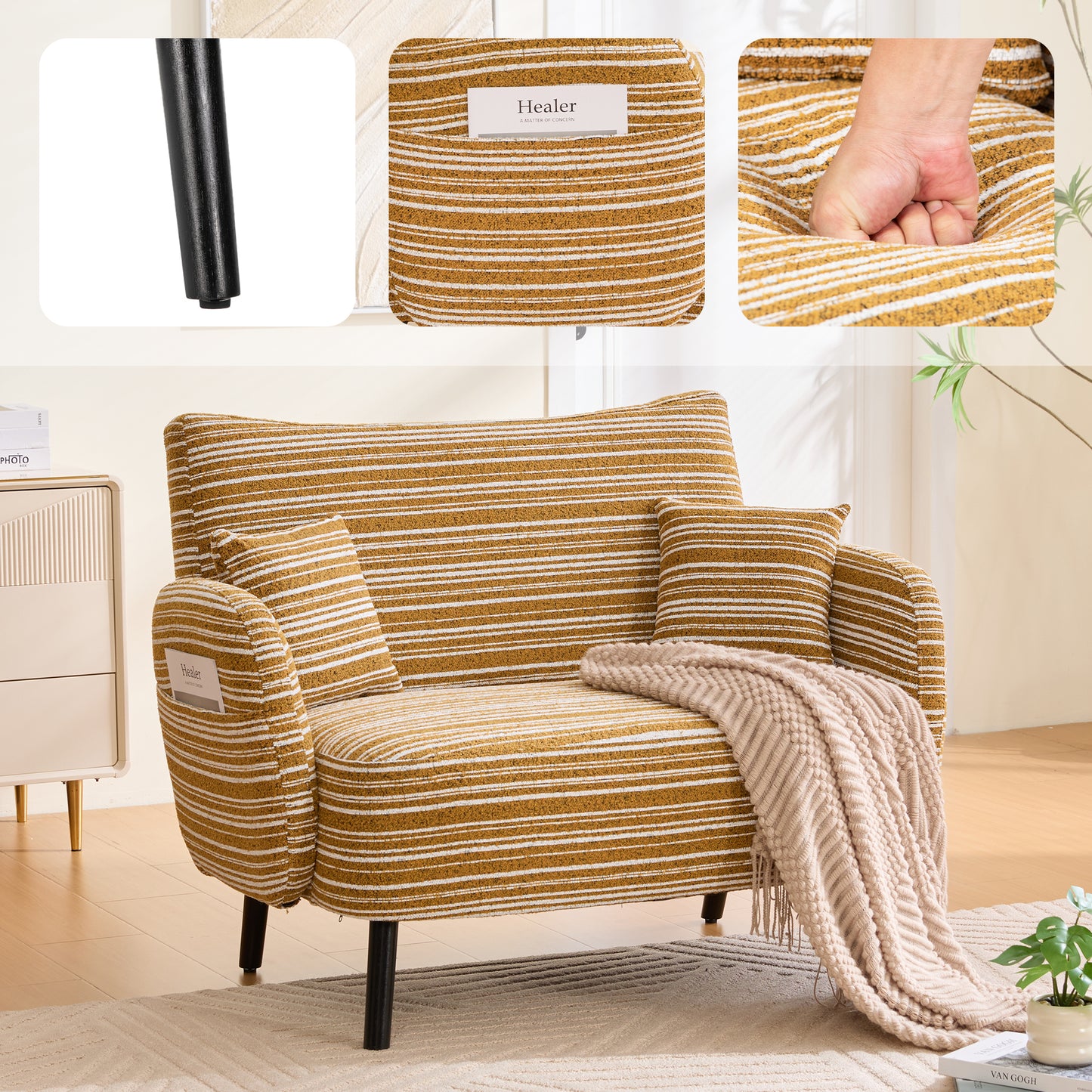 Modern style two-seater sofa with ultra-comfortable armrests, armrest pillows, and storage pockets, deep-seated two-seater sofa, comfortable modern sofa for bedroom, small spaces, apartments, and offi