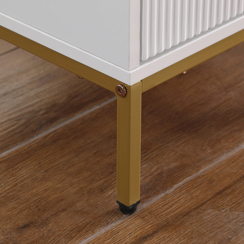 Nightstand with 3 Drawers,Mid-Century Modern End Table,Bedside Table, Gold Metal Legs,Gold Metal Handles,Wavy Drawer PanelsEnd Table for Bedroom White