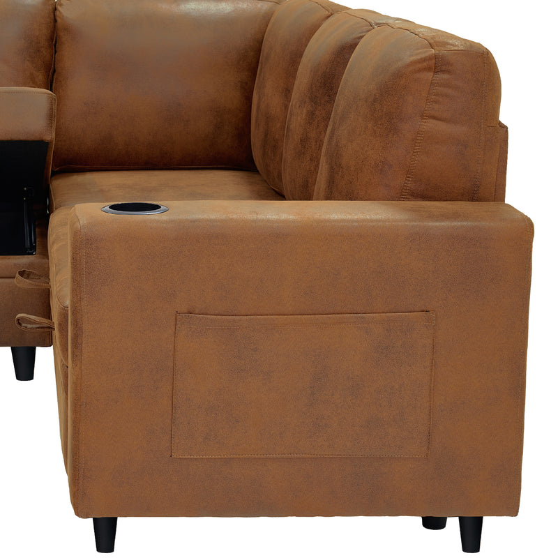 Foil Fabric upholstered L-Shape Sectional Sofa Bed with Pull Out Sleeper and Storage, Convertible Corner Couch with Cup Holders & Side Pockets for Living Room