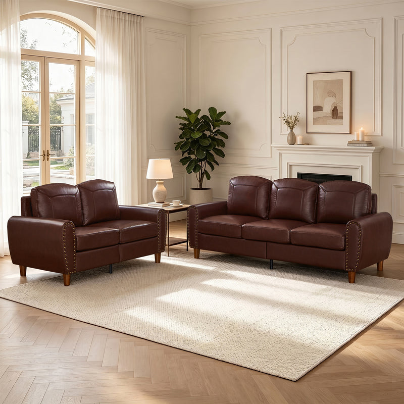 Breathable Faux Leather Sofa For  Living Room,2-pieces Sofa Set,Loveseat and Sofa,Rolled Arm Sofa with Nails,Comfy Leather Couch, Burgundy.