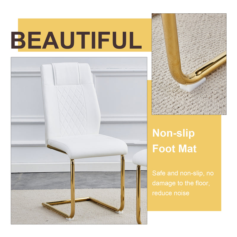 Table and chair set.A Modern Minimalist Style Round Clear Tempered Glass Table with Metal Legs.Paried with white chairs with Modern PU Leather High Back Upholstered and C-Tube Golden Legs.