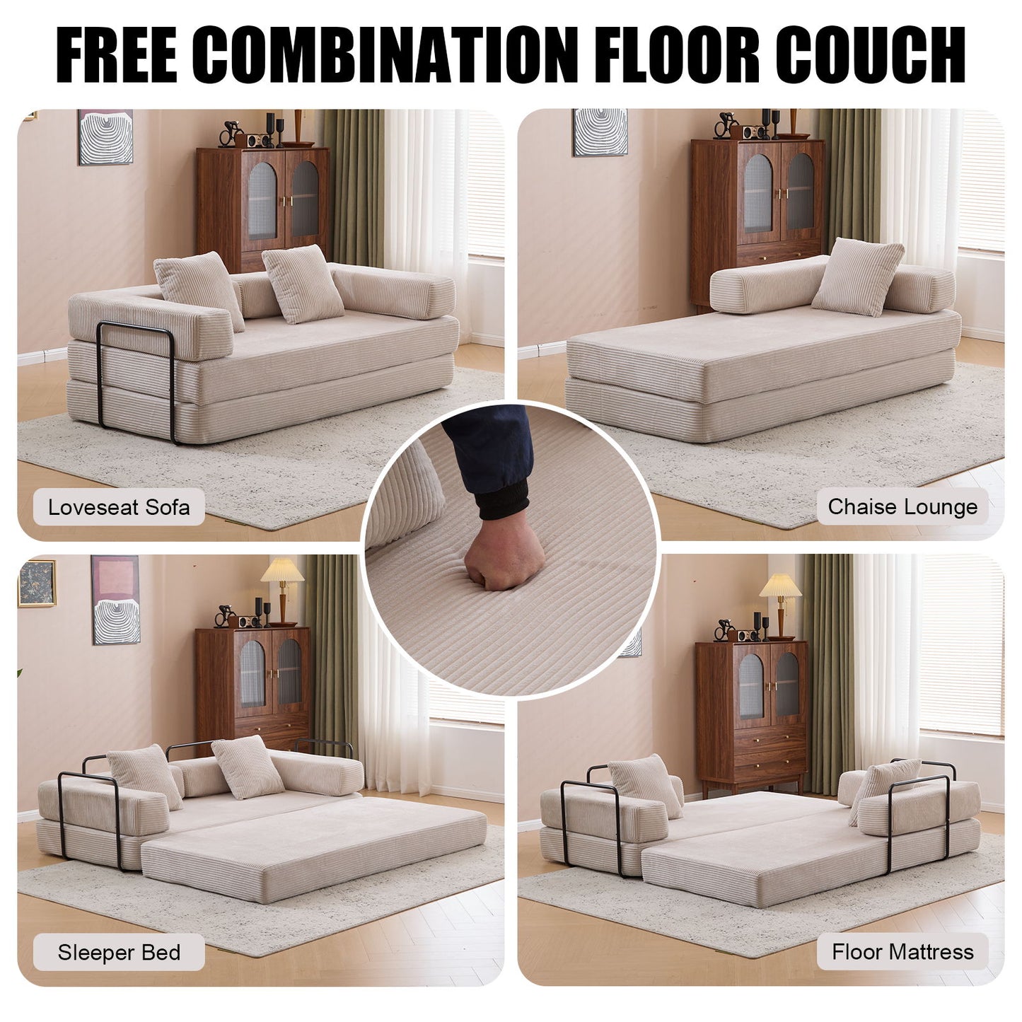 Floor Couch, Convertible Floor Sofa Bed With Pillow Back Support Armrest