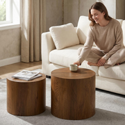 Nesting Coffee Table Set of 2, Modern Round Coffee Table with Non-Slip Feet, Wood Side Table for Living Room, Bedroom, Office, Balcony, Terrace,Small Space, No Assembling,Walnut