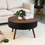 31.5-inch round coffee table with storage function, featuring an engraved tabletop, is an ideal beverage table for small spaces, serving as a modern-style accent side table suitable for living rooms,