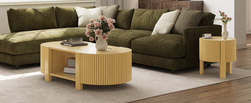 Round Fluted Side Table with Storage for Living Room, Rubber Solid Wood, Soft-close Door, Natural, 19.6'