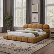 Roswell Luxurious King Size Platform Bed with Biscuit-Tufted Vegan Leather Headboard in Tan, Durable Material, 95.1 x 95.5 x 39.2 Inches