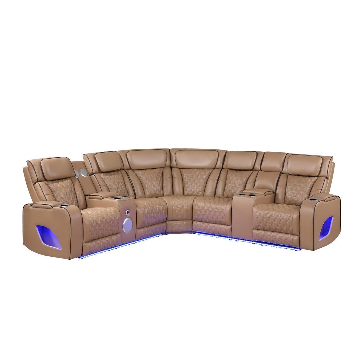 Fortuner Power Recliner Sectional Sofa with Power Headrests, Console Loveseats, Wedge, LED Light Strip, Speakers, Cup Holders & Storage Arms-Caramel