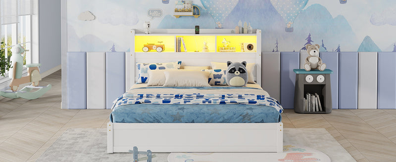 Queen Size Bed with Drawers, Wood Queen Bed with Storage Headboard and Pull Out Storage Cabinet, Wood Bed with Light and Socket, White(Expect Arrival Date 2026/7/30)