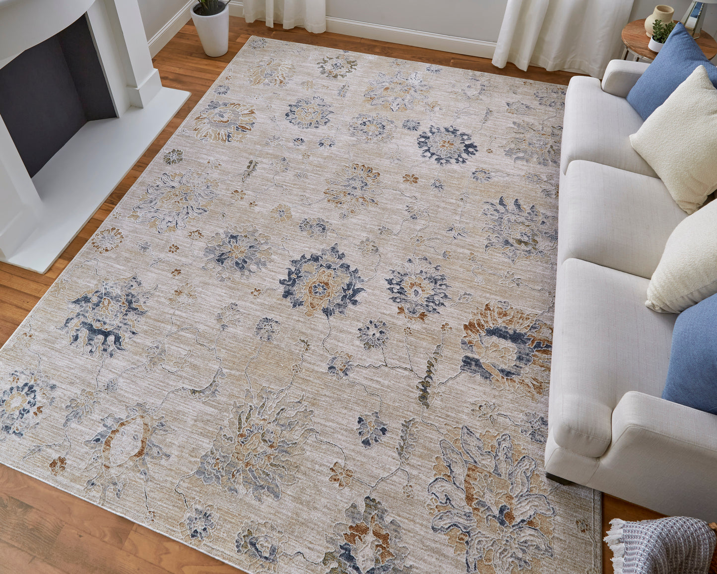 Pasha Transitional Floral & Botanical, Taupe/Ivory/Blue