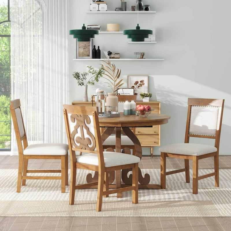 TREXM 5-Piece Retro Functional Dining Set, 1 Extendable Table with a 16-inch Leaf and 4 Upholstered Chairs for Dining Room and Kitchen (Walnut)