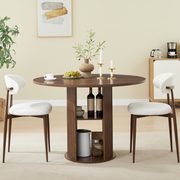 47.24' Round Dining Table (Serves 2–4) with Two Dining Chairs Blends modern and farmhouse styles, featuring a double-tiered storage shelf, suitable for dining rooms or living spaces.Walnut
