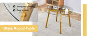 Table and chair set.A Modern Minimalist Style Round Clear Tempered Glass Table with Metal Legs.Paried with white chairs with Modern PU Leather High Back Upholstered and C-Tube Golden Legs.