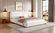 Queen Size Bed Frame with Boucle Upholstered Curved Headboard, Solid Wood Base, White