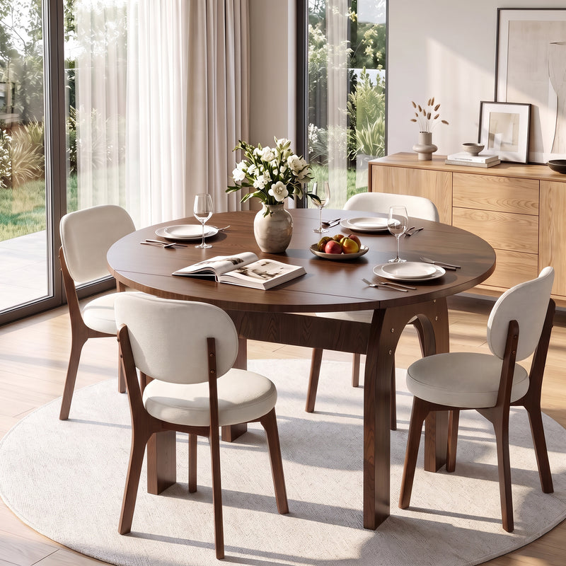 51.2' Solid Wood Extendable Dining Table Set with 6 Upholstered Chairs, 7 Piece Farmhouse Dinner Set with Walnut Finish & Arch Legs, Drop Leaf Converts Oval to Round for Small Spaces, Easy Assembly