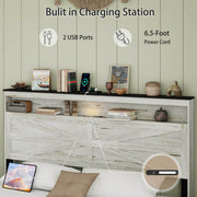Fully floating bed frame with LED lights and charging station cushion platform bed frame, large bed, with headboard and hidden storage space, no need for box springs, Antique White+Gray