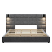 King Size Upholstered Bed Frame,With Wall Sconce And USB Port, Wide Headboard, Velvet, Gray