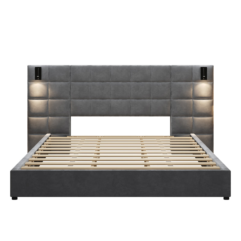 King Size Upholstered Bed Frame,With Wall Sconce And USB Port, Wide Headboard, Velvet, Gray