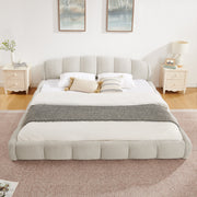 King Size Elegant Chenille Upholstered Platform Bed Frame, Thick Curved Headboard & Wrapped Footboard, Low Profile Floor Bed, No Box Spring Required, Easy Assembly, Beige