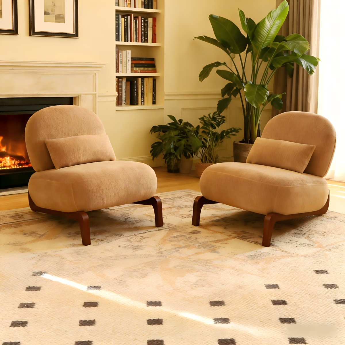 Cute Accent Chair with Solid Wood Legs, Living Room Chair with Soft Fabric Cushion, Cozy Bedroom Chair, Comfy Armless Reading Chair for Apartment, Waiting Room, Balcony,Set of 2(Camel)