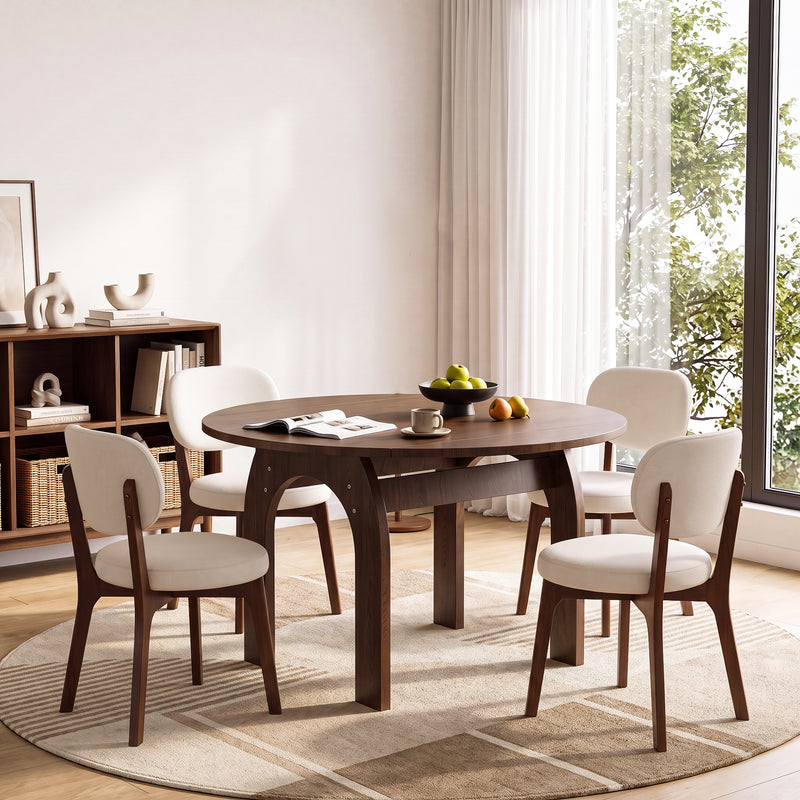 51.2' Solid Wood Extendable Dining Table Set with 6 Upholstered Chairs, 7 Piece Farmhouse Dinner Set with Walnut Finish & Arch Legs, Drop Leaf Converts Oval to Round for Small Spaces, Easy Assembly