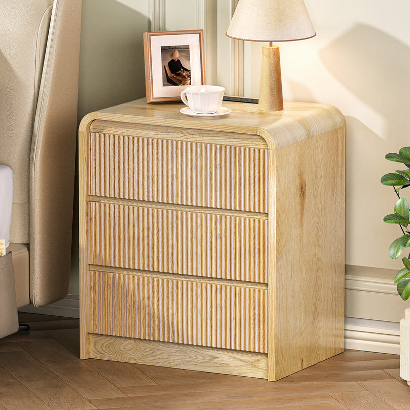 Modern Fluted Night Stand with Charging Station, 25' Tall Wood Nightstand Bedside Table with 3 Drawers & USB Ports, Mid-Century End Table for Bedroom (1, Nature Fluted, 3 Drawers)