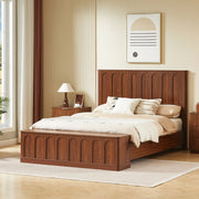 Queen Size Bed Frame with Storage, Mid-Century Modern Wood Platform Bed with Footboard Bench, Arched Panel Design, No Box Spring Needed, Walnut.