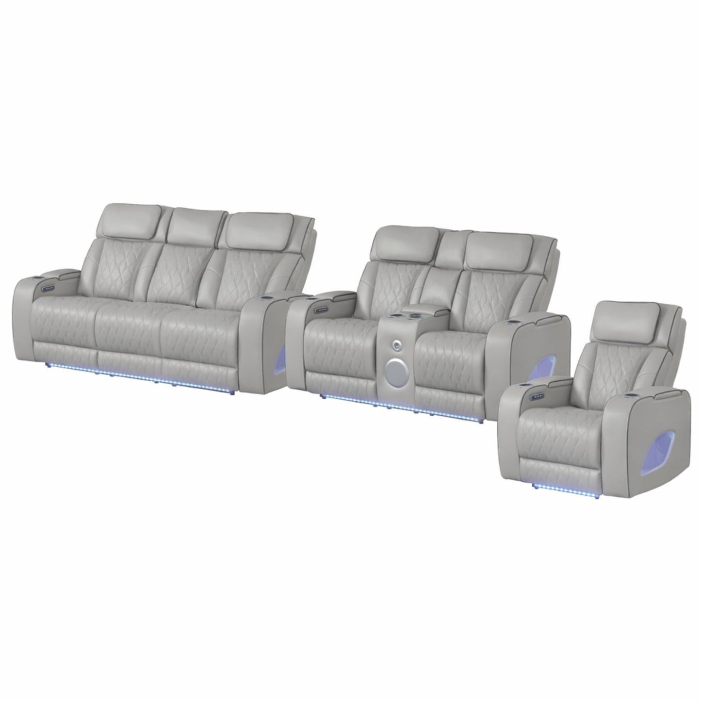 Fortuner Power Reclining 3Pc Living Room Set in Gray Faux Leather with LED Lights, Massage Function, Bluetooth Speakers and Wireless Charging
