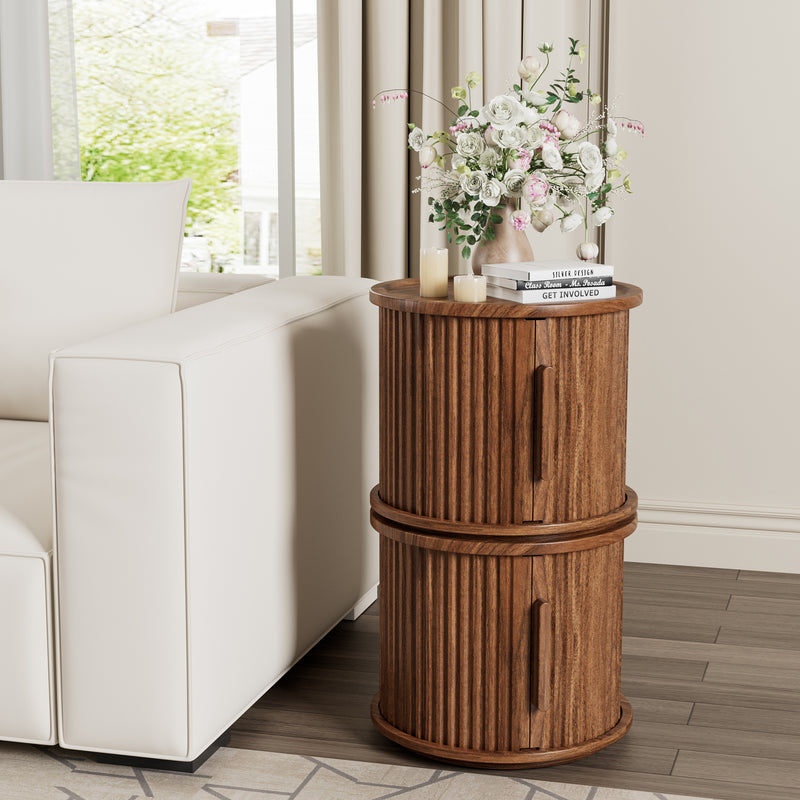 4Piece Round Coffee Table Set, Modern Nesting Side Tables with Sliding Door Storage, Walnut Finish Sofa End Table & Bedside Nightstand for Living Room & Bedroom, Fluted Roman Column Design Accent Tab