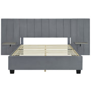 Queen Size Upholstered Platform Bed with Big Headboard, Bedroom Furniture, Velvet, Gray