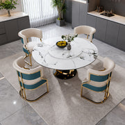 Round Dining Set with 360° Rotating Lazy Susan, Scratch & Heat‑Resistant Sintered Stone Tabletop, 4 Gold‑Plated Iron Thick Cushion Chairs for Dining Room, Kitchen, Compact Space