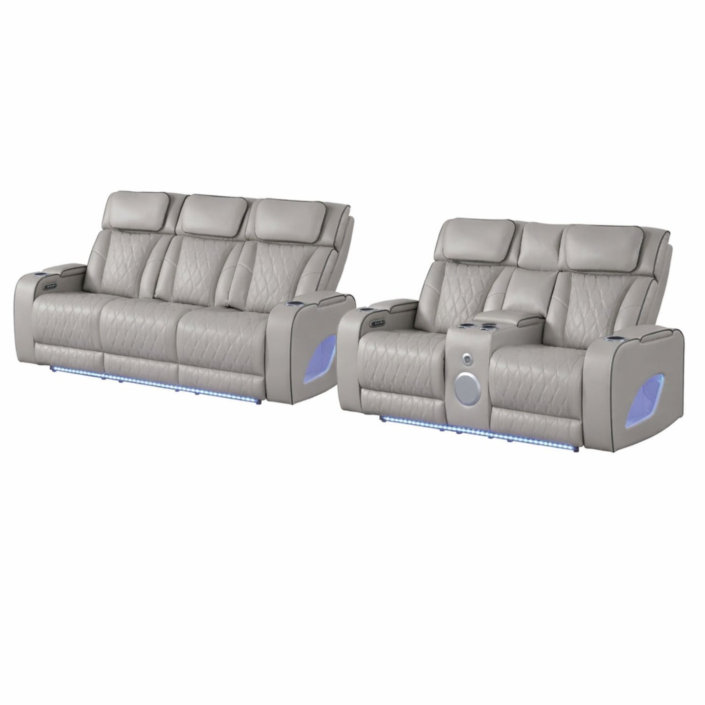Fortuner Power Reclining 2Pc Living Room Set in Gray Faux Leather with LED Lights, Massage Function, Bluetooth Speakers and Wireless Charging
