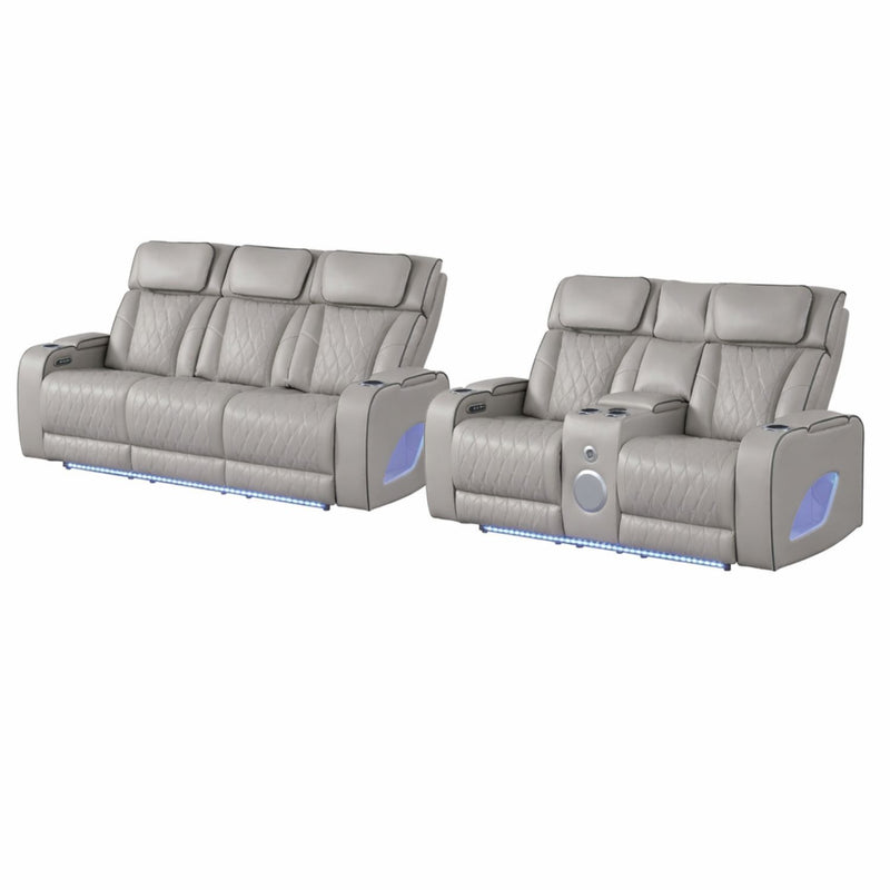 Fortuner Power Reclining 2Pc Living Room Set in Gray Faux Leather with LED Lights, Massage Function, Bluetooth Speakers and Wireless Charging