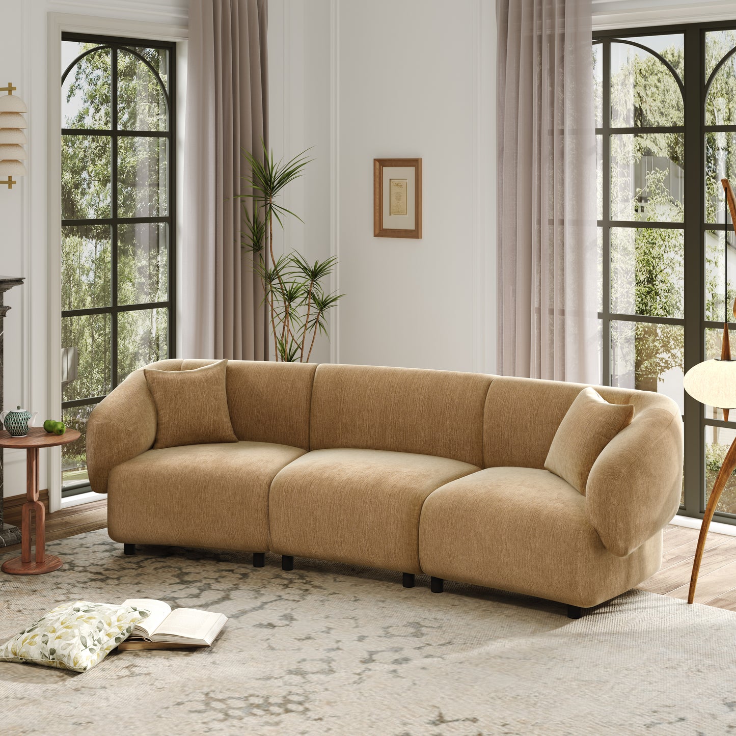 98.5 ' Curved Designed Contemporary 3-Seater Sofa in Mocha: Plush Seating, Streamlined Design, and Durable Frame – Ideal for Stylish Living Spaces