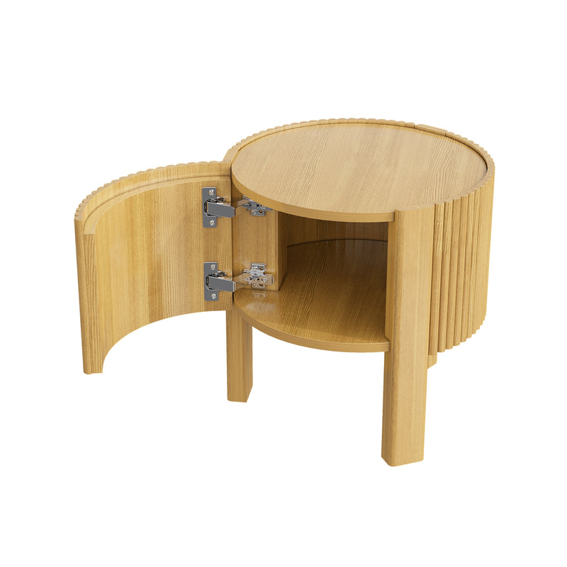 Round Fluted Side Table with Storage for Living Room, Rubber Solid Wood, Soft-close Door, Natural, 19.6'