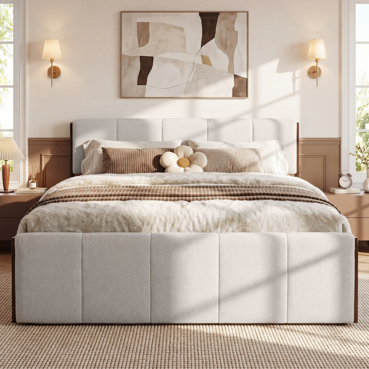 King Size Upholstered Bed Frame, Walnut Wood Trim with Grey Fabric, Pine Wood with MDF, 600 LBS Weight Capacity, Fits 8'-10' Mattress, No Box Spring Needed