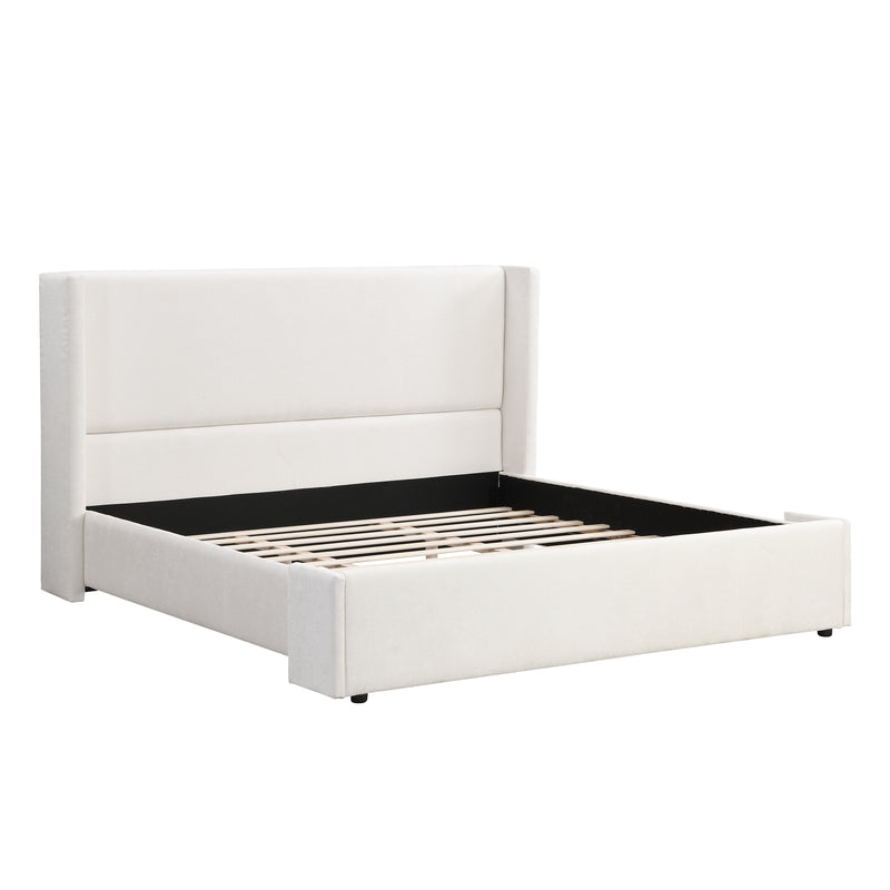 Elegant White Fabric Upholstered Bed with Tall Headboard, White, KING
