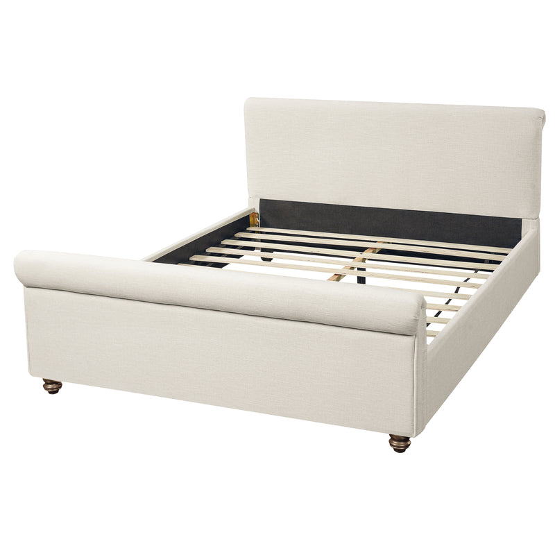 Queen Size Upholstered Bed Frame With Linen Fabric, Thick Headboard And Solid Wood Legs, Beige