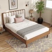 Queen Size Wood Bed with Piano Key Style Upholstered Headboard , Wood Bed with Strengthened Bed Frame ,Wheat (old sku:W504S00257)