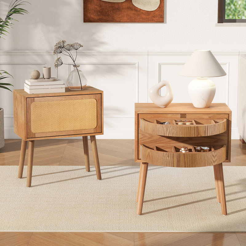 Rotating Hidden Compartment Nightstands, Mid Century Modern Concealment Furniture, Rattan Bed Side Table, Compartment End Table with Wood Legs, Bedside Tables for Bedroom, Living Room, Dorm, Natural