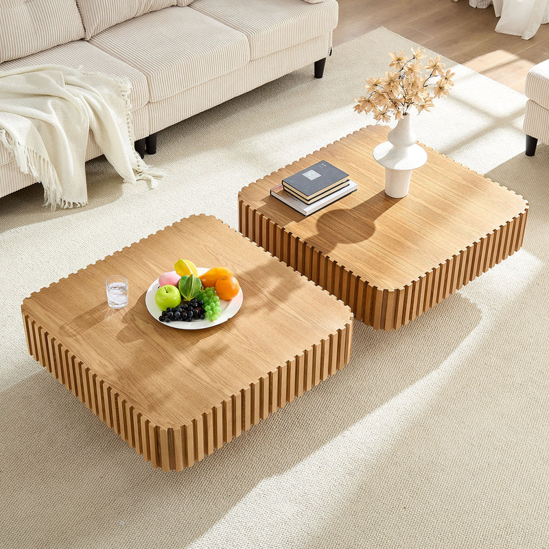 Modern 35.43 Inch Handcraft Drum Coffee Table Square Coffee Table for Living Room,Small Wooden Coffee Table with Sturdy MDF Pedesta,Narual Color