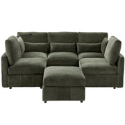 Modern Modular U-Shaped Sofa Bed With Movable Ottoman, USB Ports, Phone Holder