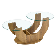 Creative U-Shaped Double-Tier Glass Coffee Table with Wood-Grain MDF Base: A Modern, Minimalist Living Room Side Table with Adjustable Height.