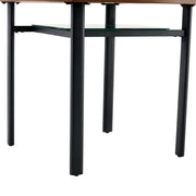 Table and chair set.42 inch modern minimalist brown wood grain round dining table set.Paired with 4 Transparent Plastic Chairs with Black Metal Legs.Bring a comfortable home experience.